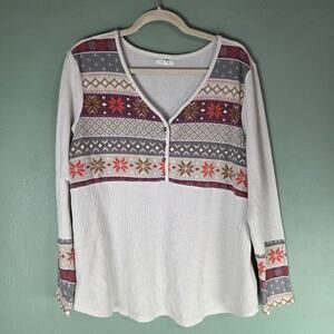 Maurices Womens Heartland Henley Fair Isle Long Sleeve Tee Size 1X Thermal Boho